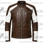 Front View of Brown White Quilted Leather Jacket Featuring Zipper Closure and Zipper pockets.