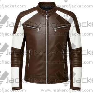 Front View of Brown White Quilted Leather Jacket Featuring Zipper Closure and Zipper pockets.