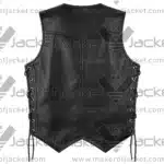 Back View oF Concho Chain Leather Vest Featuring adjustable side laces and open hem waistband.