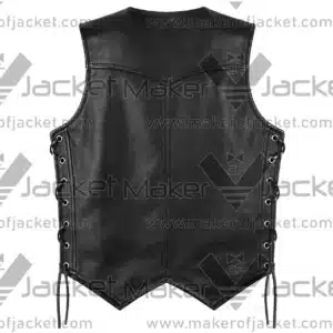 Back View oF Concho Chain Leather Vest Featuring adjustable side laces and open hem waistband.