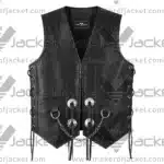 Front View Of Concho Chain Leather Vest Featuring lace-up sides and chain detail.