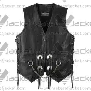 Front View Of Concho Chain Leather Vest Featuring lace-up sides and chain detail.