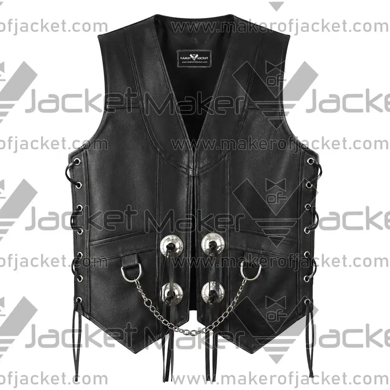 Concho-Chain-Leather-Vest-Front-Image Front View Of Concho Chain Leather Vest Featuring lace-up sides and chain detail.