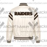 back View Of Cream Las Vegas Raiders Jacket Featuring Raiders spell lettering on back.