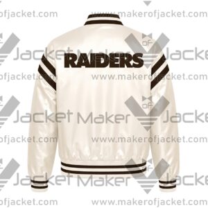 back View Of Cream Las Vegas Raiders Jacket Featuring Raiders spell lettering on back.