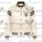 Front View Of Cream Las Vegas Raiders Jacket Featuring Raiders spell logo on chest.