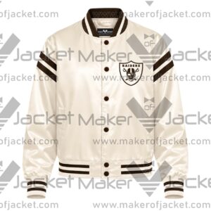 Front View Of Cream Las Vegas Raiders Jacket Featuring Raiders spell logo on chest.