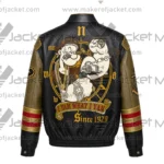 Back View Of Gangster Popeye Leather Jacket featuring Popeye design and “I WHAT I YAM” graphic.