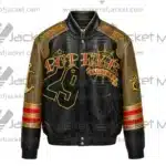 Front View Of Gangster Popeye Leather Jacket Featuring Popeye Sailorman design and patches.