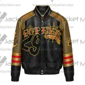 Front View Of Gangster Popeye Leather Jacket Featuring Popeye Sailorman design and patches.