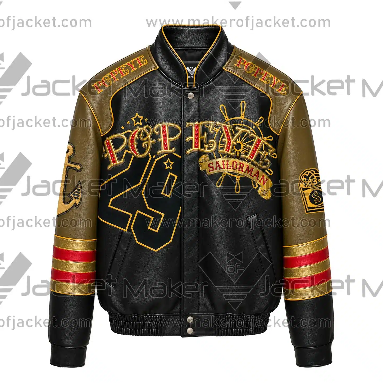 Gangster-Popeye-Leather-Jacket-Front-Image Front View Of Gangster Popeye Leather Jacket Featuring Popeye Sailorman design and patches.