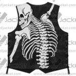 Back View Of God Speed Black Leather Vest Featuring Large Skull Design on the Back and Adjustable Side Laces.