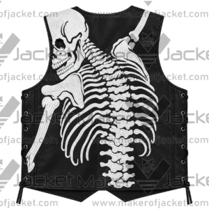 Back View Of God Speed Black Leather Vest Featuring Large Skull Design on the Back and Adjustable Side Laces.