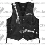 Front View Of God Speed Black Leather Vest Featuring Skull Design, Godspeed Spell, V-Neck Collar and Side Pockets.