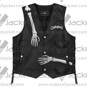 Front View Of God Speed Black Leather Vest Featuring Skull Design, Godspeed Spell, V-Neck Collar and Side Pockets.