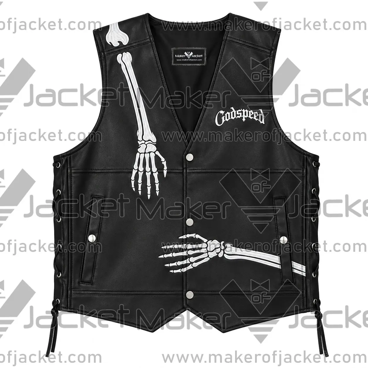 God-Speed-Black-Leather-Vest-Front-Image Front View Of God Speed Black Leather Vest Featuring Skull Design, Godspeed Spell, V-Neck Collar and Side Pockets.