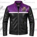 Front View of LSU Tigers Football Leather Jacket Featuring Zip-up collar and zipper closure and LSU Tigers Logo on Chest.