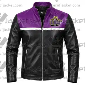 Front View of LSU Tigers Football Leather Jacket Featuring Zip-up collar and zipper closure and LSU Tigers Logo on Chest.