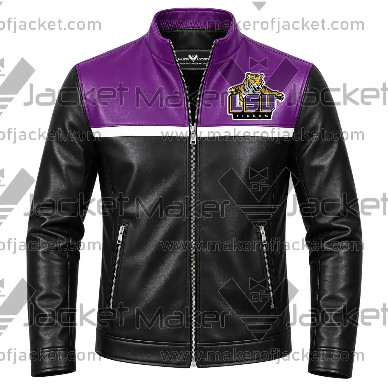 LSU-Tigers-Football-Leather-Jacket-Front-Image Front View of LSU Tigers Football Leather Jacket Featuring Zip-up collar and zipper closure and LSU Tigers Logo on Chest.