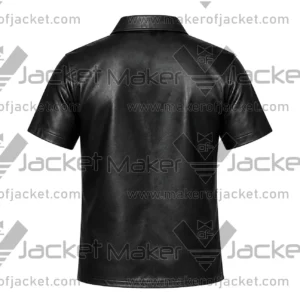 Back View of Lace-Up Black Leather Shirt Featuring Short Sleeve Design.