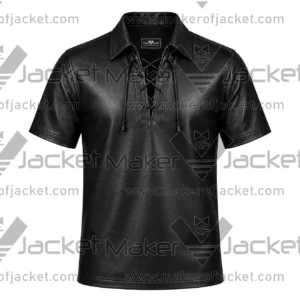 Front View Lace-Up Black Leather Shirt Featuring Shirt Style Collar.