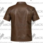 Back View of Lace-Up Brown Leather Shirt Featuring Short Sleeve Design.