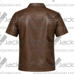 Back View of Lace-Up Brown Leather Shirt Featuring Short Sleeve Design.