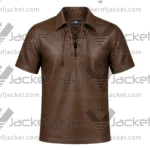 Front View Lace-Up Brown Leather Shirt Featuring Shirt Style Collar.