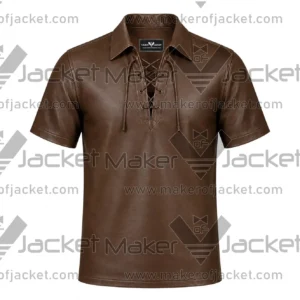 Front View Lace-Up Brown Leather Shirt Featuring Shirt Style Collar.