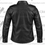 Back View of Long Sleeve Black Leather Shirt Featuring Shoulder Epaulettes and short sleeves.