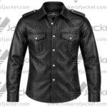 Front View of Long Sleeve Black Leather Shirt Featuring Chest Flap Pockets and shirt style collar.