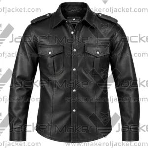 Front View of Long Sleeve Black Leather Shirt Featuring Chest Flap Pockets and shirt style collar.