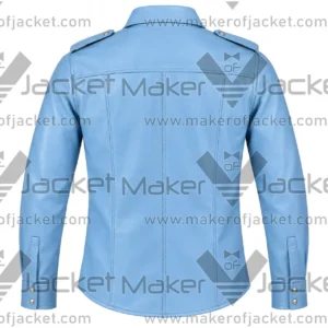 Back View of Long Sleeve Blue Leather Shirt Featuring Short Sleeves Sky Blue Panel Leather Design and Equalets on shoulders.