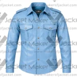 Front View oF Long Sleeve Blue Leather Shirt Featuring Shirt style collar and Horn Button style closure and Chest Flap Pockets.