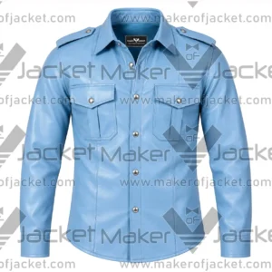 Front View oF Long Sleeve Blue Leather Shirt Featuring Shirt style collar and Horn Button style closure and Chest Flap Pockets.