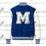 Back View Of M Patch Blue Varsity Jacket Featuring M patch With Rib Knitted Details.
