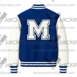 Back View Of M Patch Blue Varsity Jacket Featuring M patch With Rib Knitted Details.