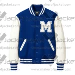 Front View of M Patch Blue Varsity Jacket Featuring M Patch With White leather sleeves.