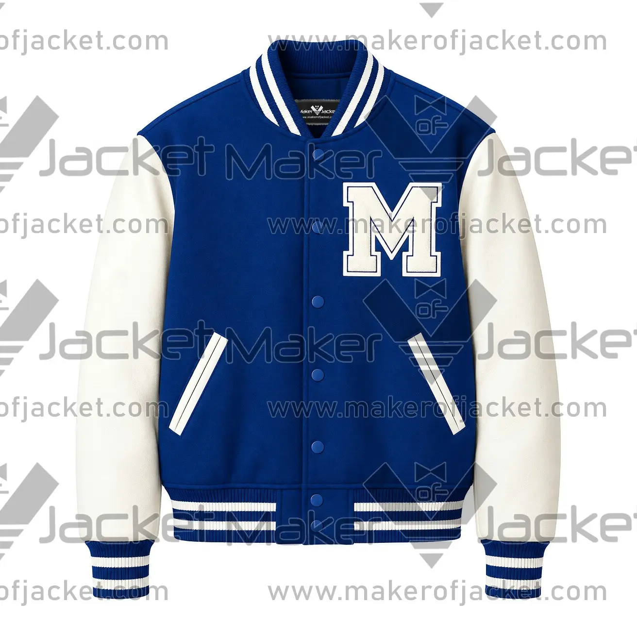 M-Patch-Blue-Varsity-Jacket-Front-Image Front View of M Patch Blue Varsity Jacket Featuring M Patch With White leather sleeves.
