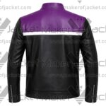 Back View of Men Black Purple Leather Jacket Featuring zipper cuffs and open hem waistband.