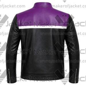 Back View of Men Black Purple Leather Jacket Featuring zipper cuffs and open hem waistband.