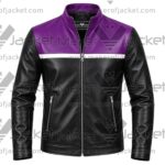 Front View of Men Black Purple Leather Jacket Featuring Zip-up collar and zipper closure and color block on chest.