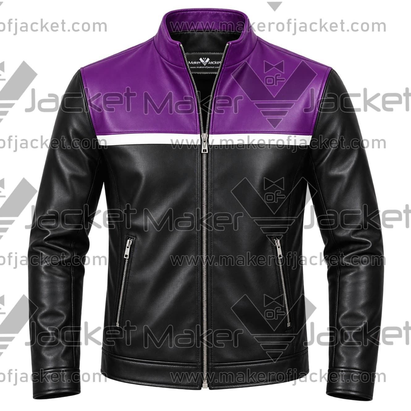Men-Black-Purple-Leather-Jacket-Front-Image Front View of Men Black Purple Leather Jacket Featuring Zip-up collar and zipper closure and color block on chest.
