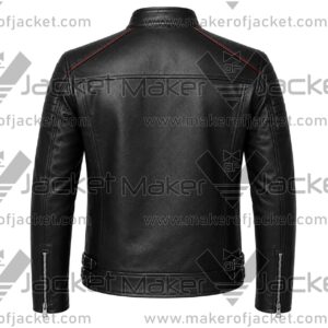 Back View oF Men Black Red Star Jacket Featuring zipper cuffs and Sides Buckles.