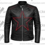 Front View of Men Black Red Star Jacket Featuring Snap collar and Star Design on front.