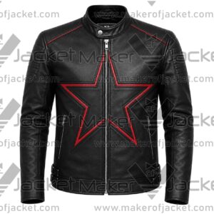 Front View of Men Black Red Star Jacket Featuring Snap collar and Star Design on front.