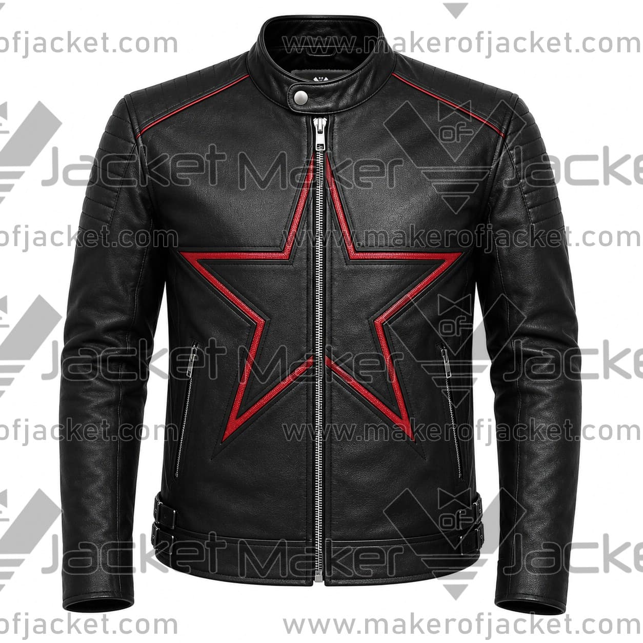 Men-Black-Red-Star-Jacket-Front-Image Front View of Men Black Red Star Jacket Featuring Snap collar and Star Design on front.