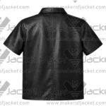 Back View of Men's Black Leather Zip Shirt Featuring Black Leather.