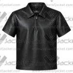 Front View of Men's Black Leather Zip Shirt Featuring YKK Zipper and Shirt Style Collar.