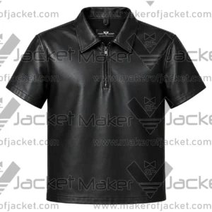 Front View of Men's Black Leather Zip Shirt Featuring YKK Zipper and Shirt Style Collar.